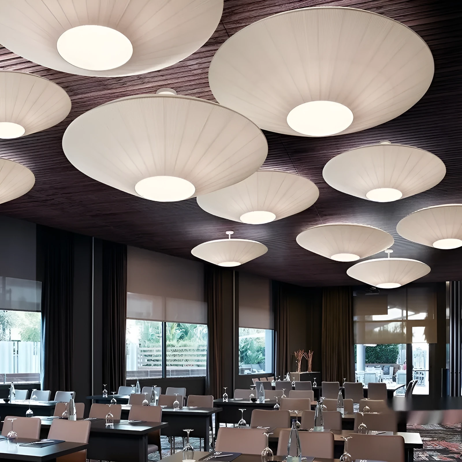 White fabric ceiling lamp with alloy frame, 60 cm diameter, warm light, minimalist design for corridor
