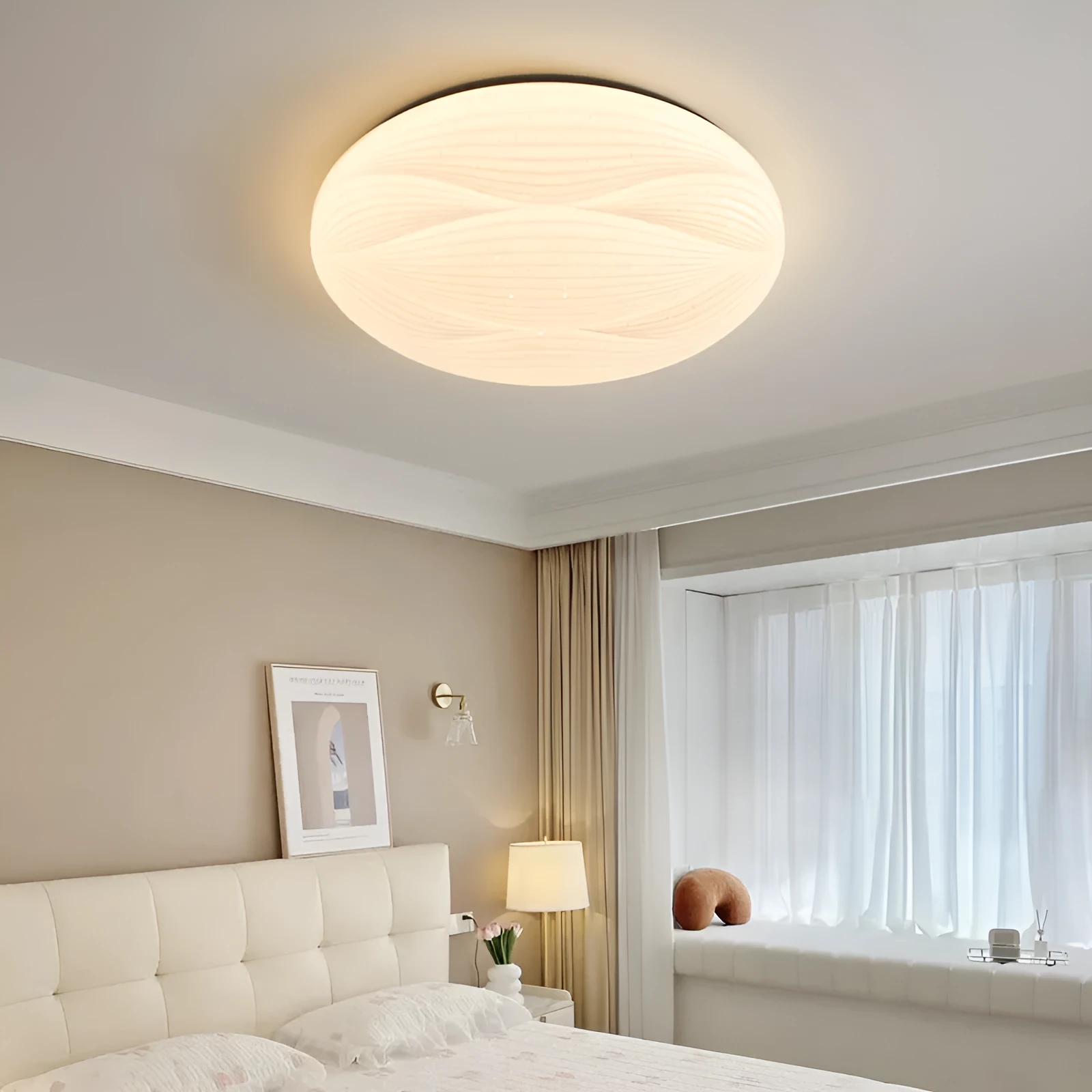 Modern light luxury cream style copper round ceiling lamp for bedroom with 26cm diameter option