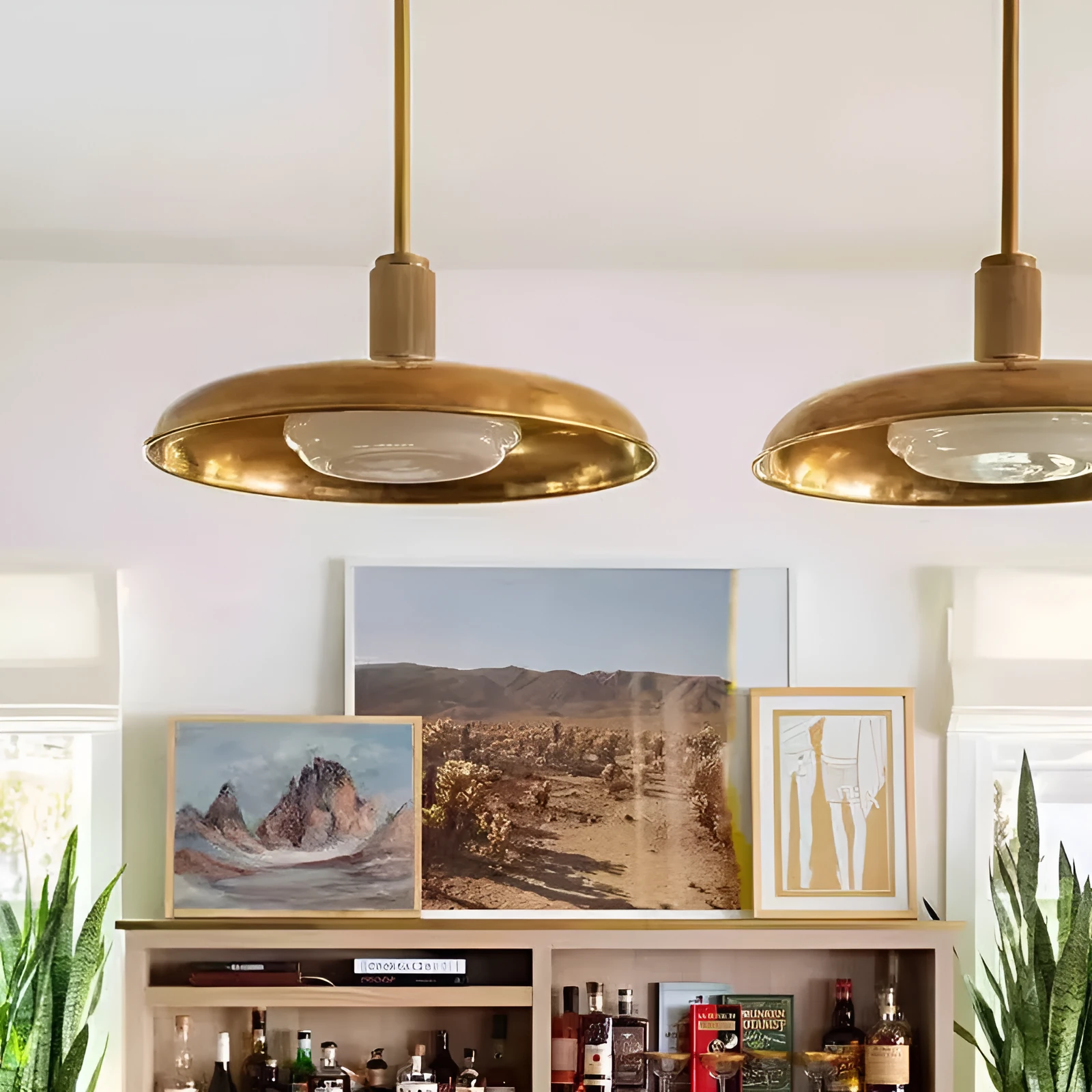 American retro alloy ceiling lamp in copper finish mounted on a ceiling.