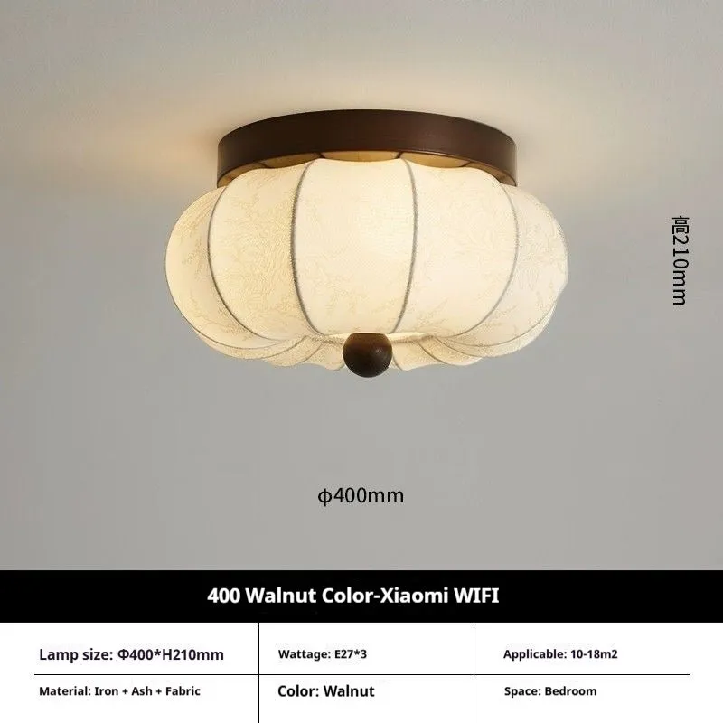 Mid-ancient French retro fabric ceiling lamp with ash wood frame in walnut colour, 30cm diameter with fabric shade