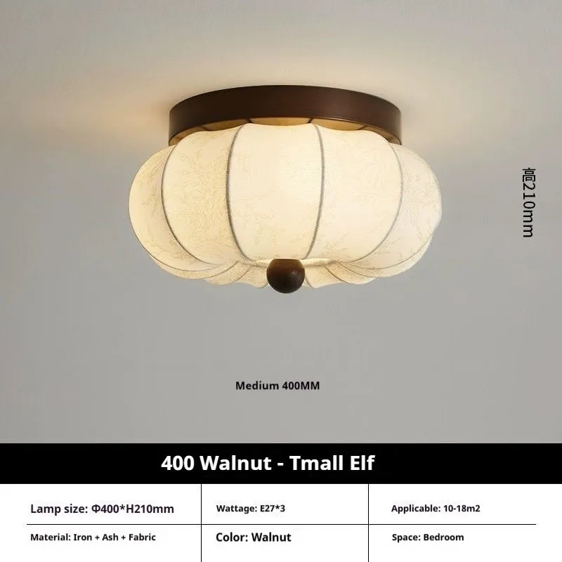 Mid-ancient French retro fabric ceiling lamp with ash wood frame in walnut colour, 30cm diameter with fabric shade