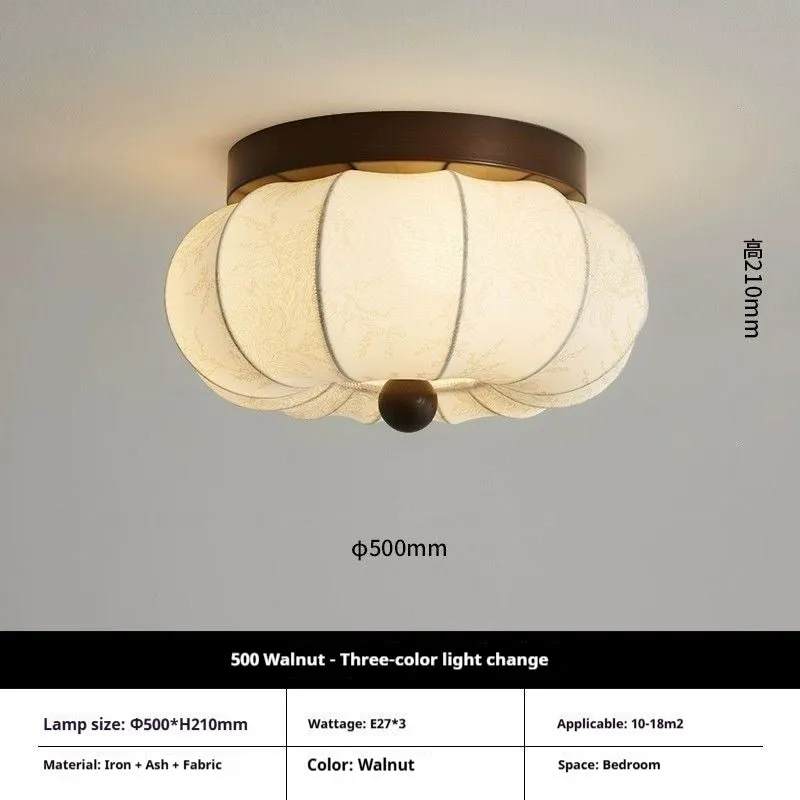 Mid-ancient French retro fabric ceiling lamp with ash wood frame in walnut colour, 30cm diameter with fabric shade
