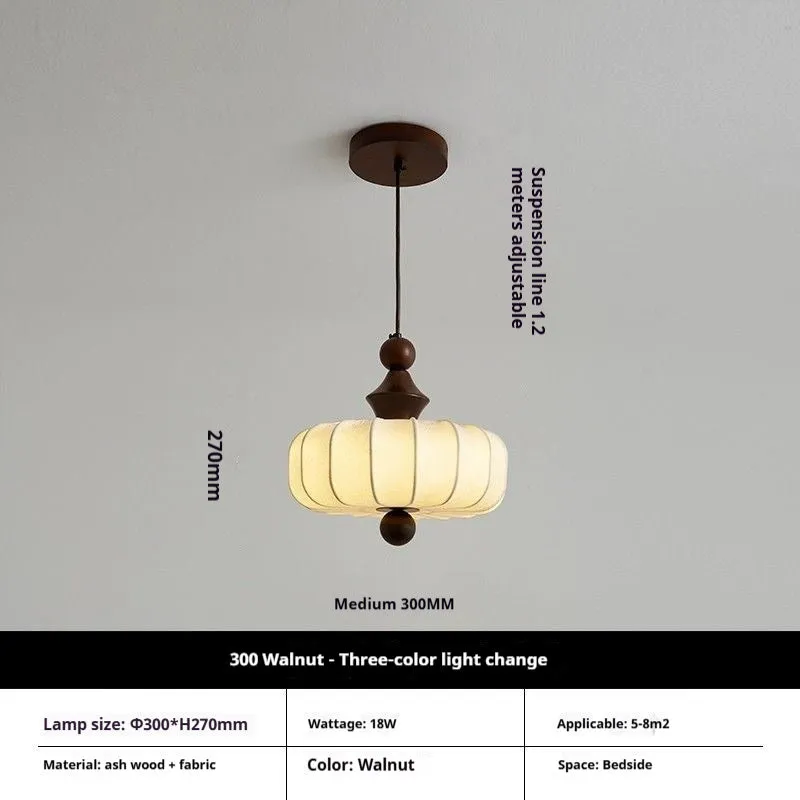 Mid-ancient French retro fabric ceiling lamp with ash wood frame in walnut colour, 30cm diameter with fabric shade
