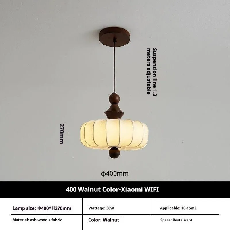 Mid-ancient French retro fabric ceiling lamp with ash wood frame in walnut colour, 30cm diameter with fabric shade