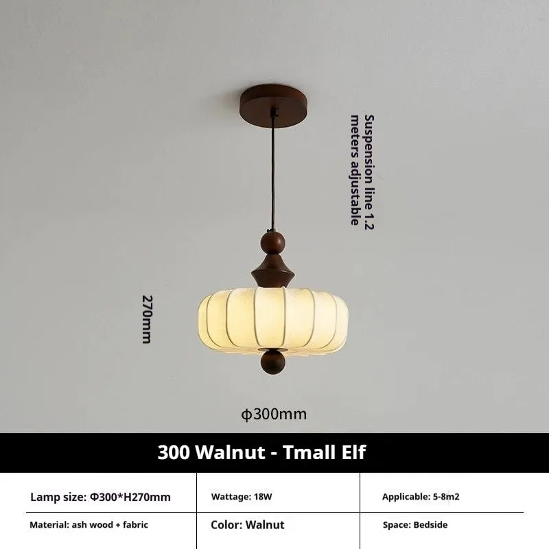 Mid-ancient French retro fabric ceiling lamp with ash wood frame in walnut colour, 30cm diameter with fabric shade