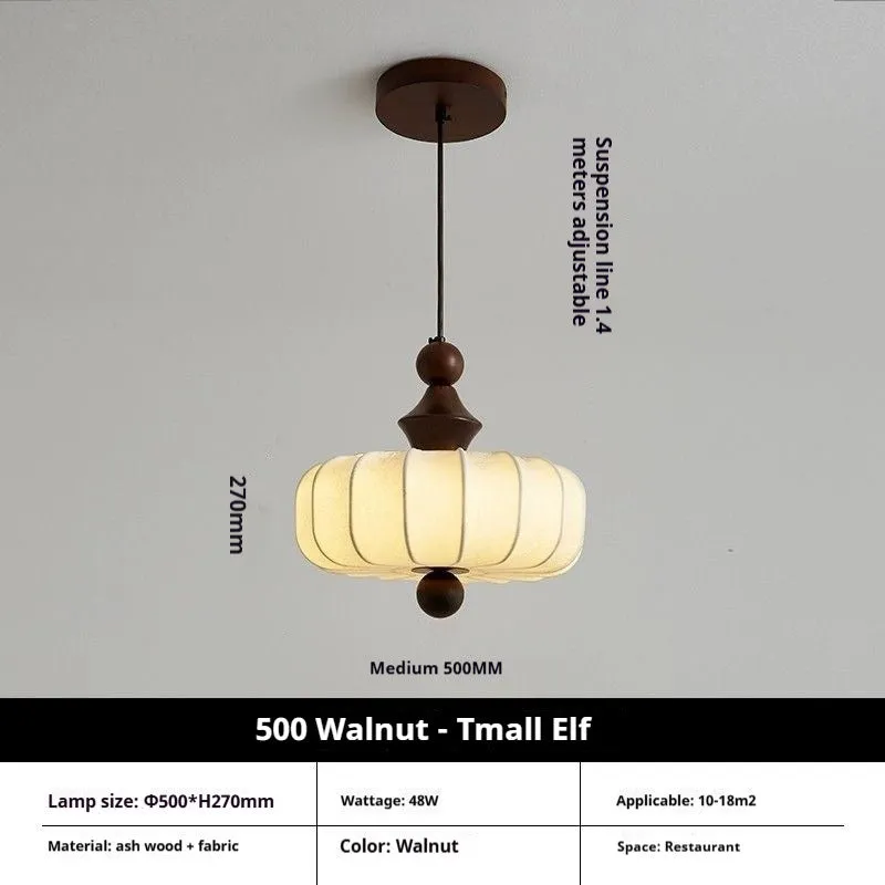 Mid-ancient French retro fabric ceiling lamp with ash wood frame in walnut colour, 30cm diameter with fabric shade