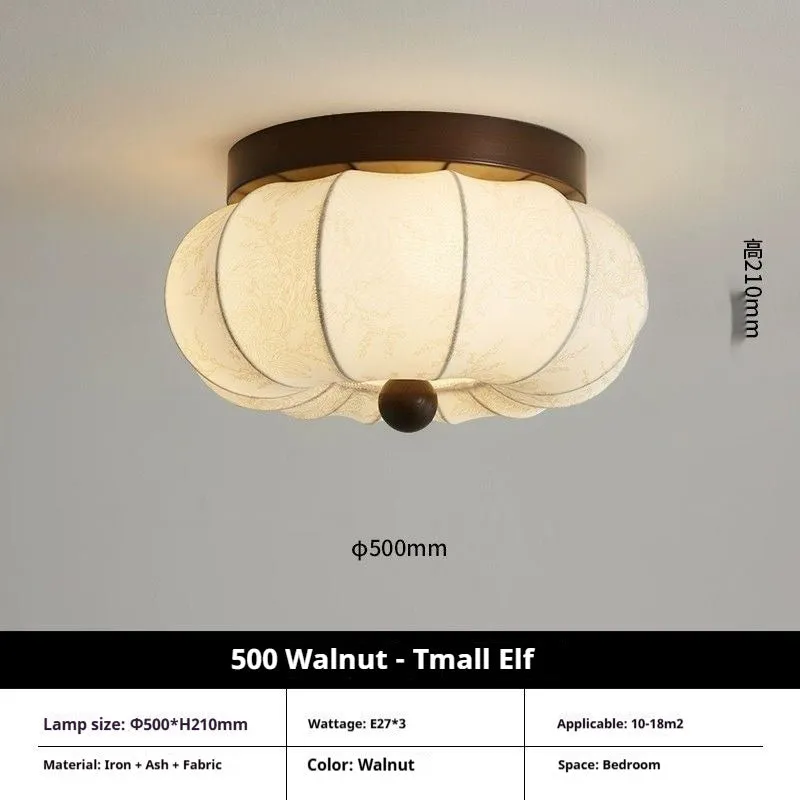 Mid-ancient French retro fabric ceiling lamp with ash wood frame in walnut colour, 30cm diameter with fabric shade