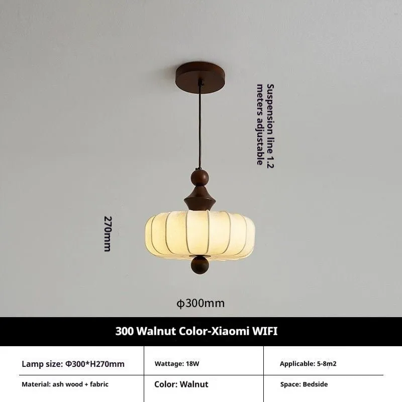 Mid-ancient French retro fabric ceiling lamp with ash wood frame in walnut colour, 30cm diameter with fabric shade