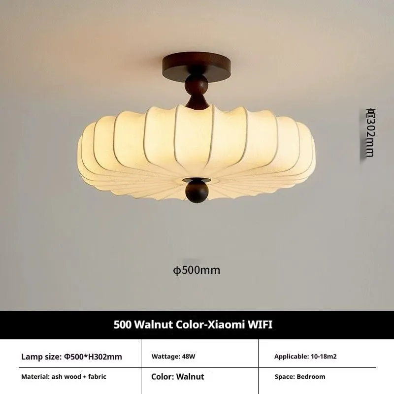 Mid-ancient French retro fabric ceiling lamp with ash wood frame in walnut colour, 30cm diameter with fabric shade