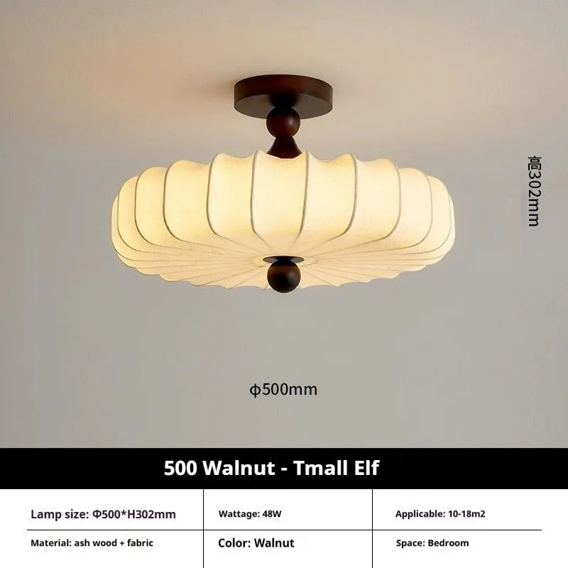 Mid-ancient French retro fabric ceiling lamp with ash wood frame in walnut colour, 30cm diameter with fabric shade