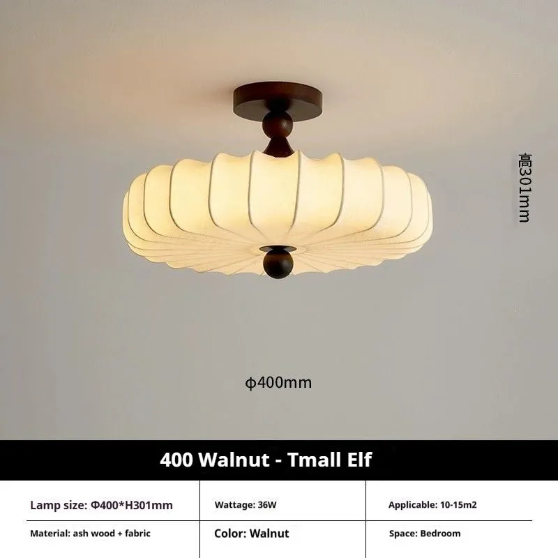 Mid-ancient French retro fabric ceiling lamp with ash wood frame in walnut colour, 30cm diameter with fabric shade