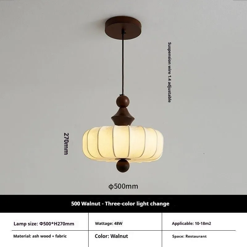 Mid-ancient French retro fabric ceiling lamp with ash wood frame in walnut colour, 30cm diameter with fabric shade