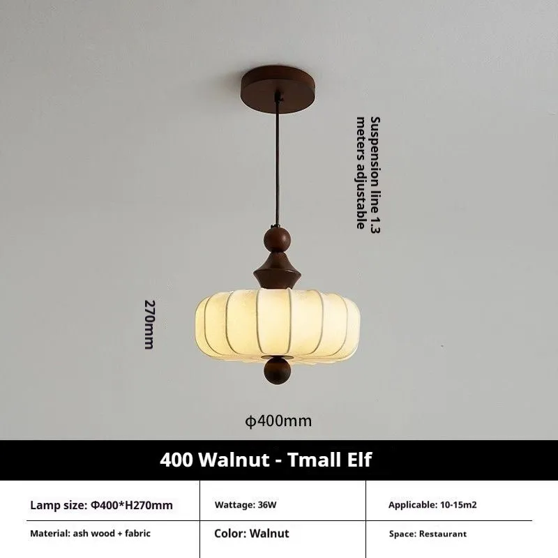 Mid-ancient French retro fabric ceiling lamp with ash wood frame in walnut colour, 30cm diameter with fabric shade