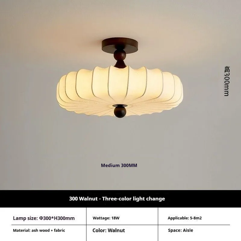 Mid-ancient French retro fabric ceiling lamp with ash wood frame in walnut colour, 30cm diameter with fabric shade