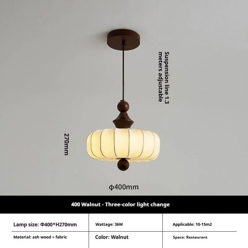 Mid-ancient French retro fabric ceiling lamp with ash wood frame in walnut colour, 30cm diameter with fabric shade