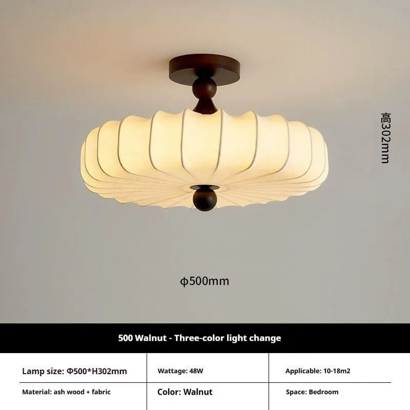 Mid-ancient French retro fabric ceiling lamp with ash wood frame in walnut colour, 30cm diameter with fabric shade