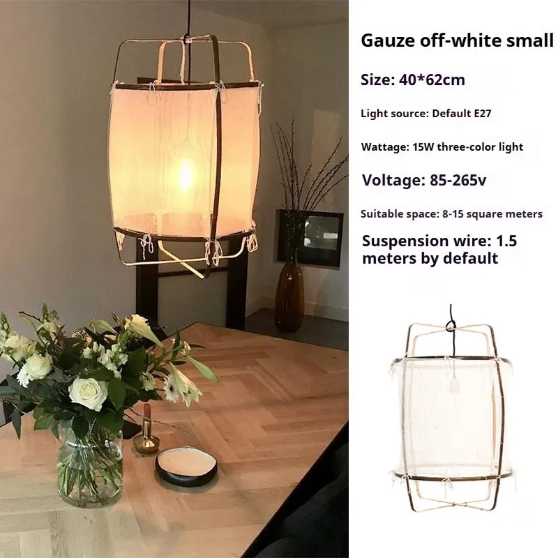 Design pendant lamp with 40cm diameter bamboo frame and beige gauze mini edition shade for restaurant use