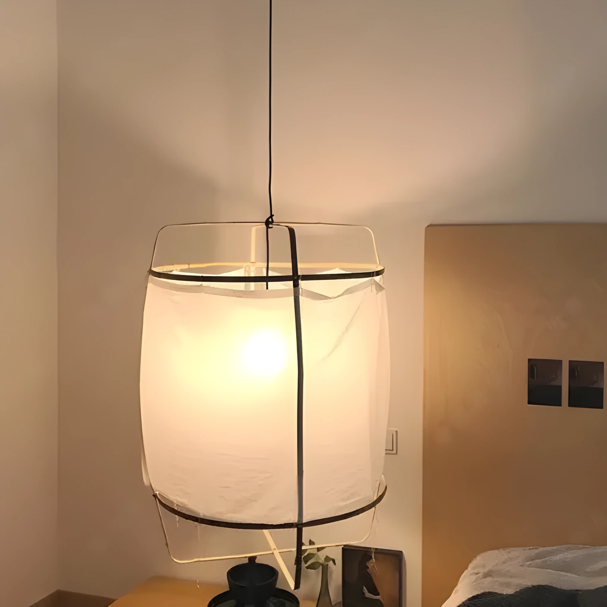 Design pendant lamp with 40cm diameter bamboo frame and beige gauze mini edition shade for restaurant use