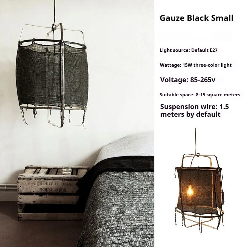 Design pendant lamp with 40cm diameter bamboo frame and beige gauze mini edition shade for restaurant use