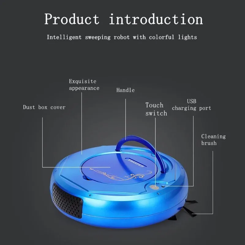 Lazy Smart floor sweeping robot vacuum cleaner in black, blue, white, blue light or white light