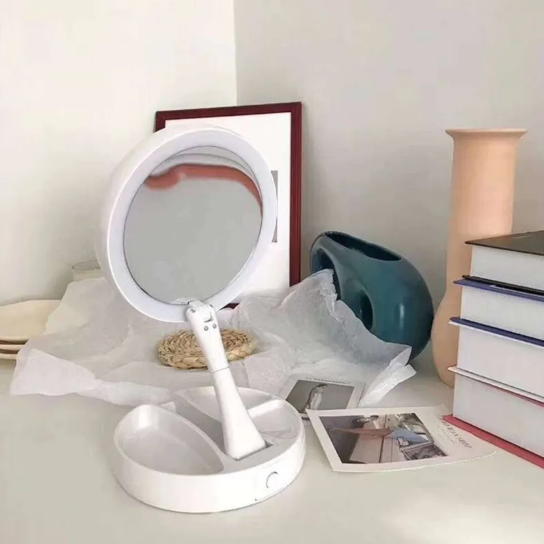 White foldable acrylic vanity mirror with LED lights and USB charging port