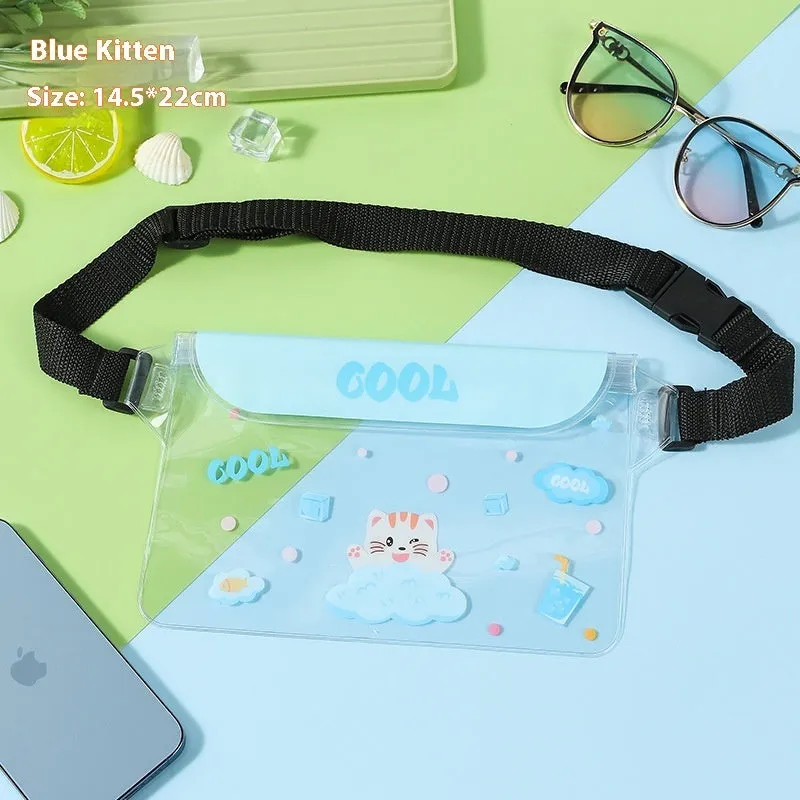 PVC waterproof mobile waist bag with touch screen and adjustable strap, blue whale cartoon design