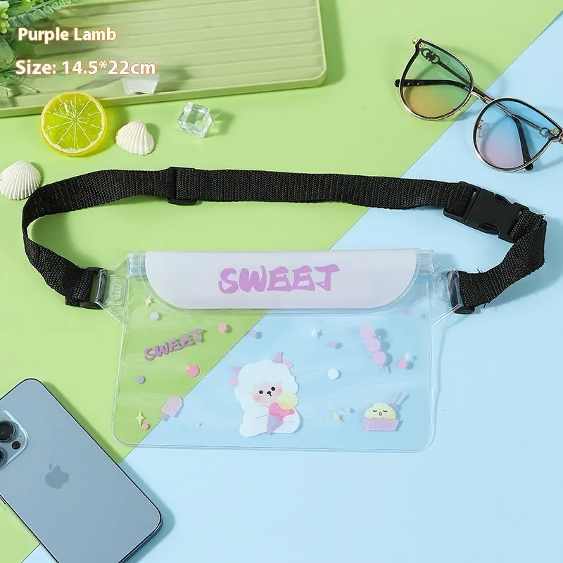 PVC waterproof mobile waist bag with touch screen and adjustable strap, blue whale cartoon design