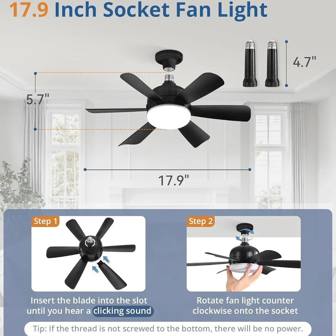 18-inch straight leaf fan lamp with remote control, three-colour variable light, mute motor, black colour option