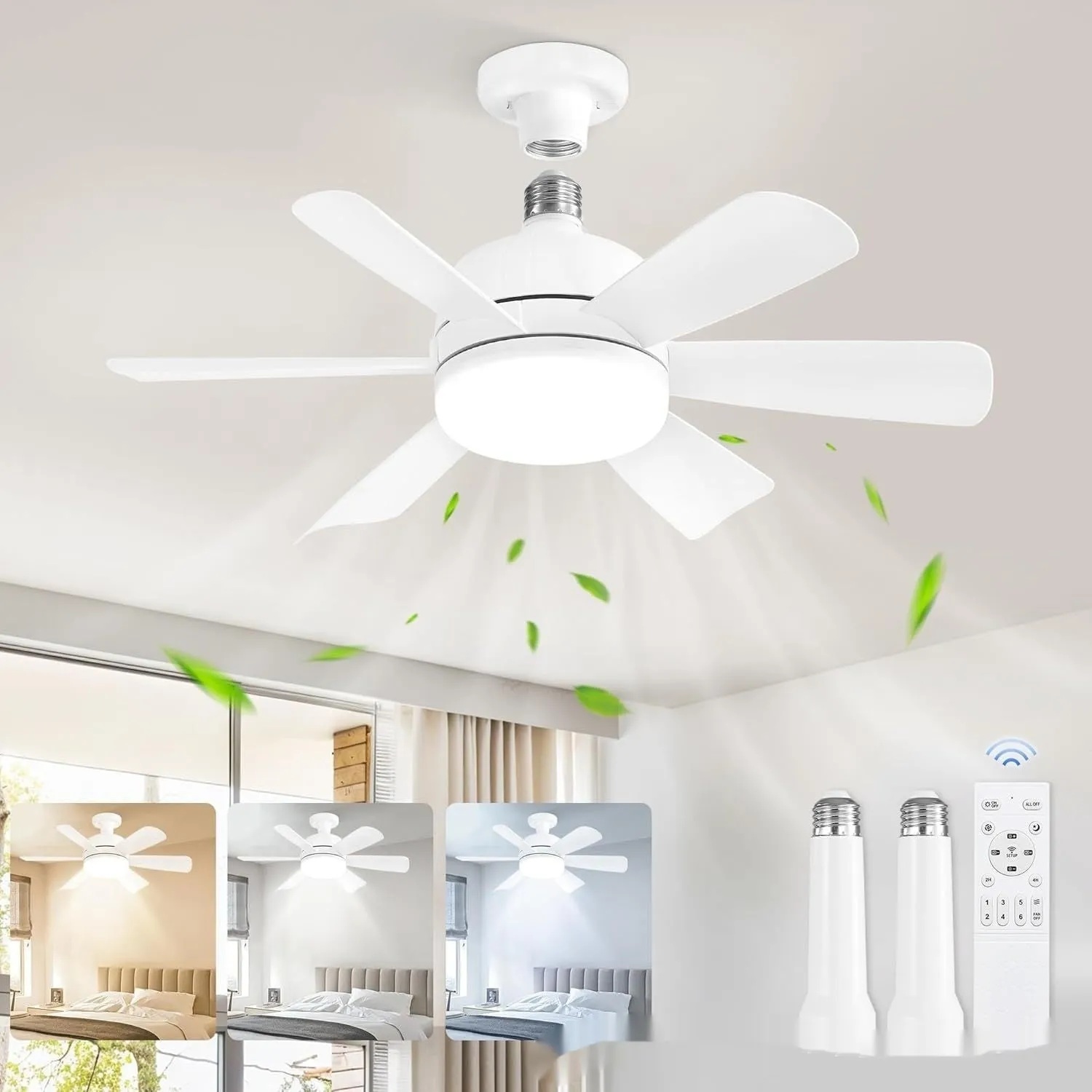 18-inch straight leaf fan lamp with remote control, three-colour variable light, mute motor, black colour option