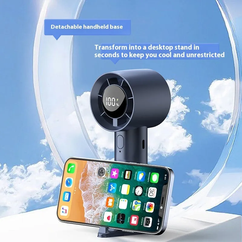 Handheld digital display fan in khaki with six-speed control and USB charging port
