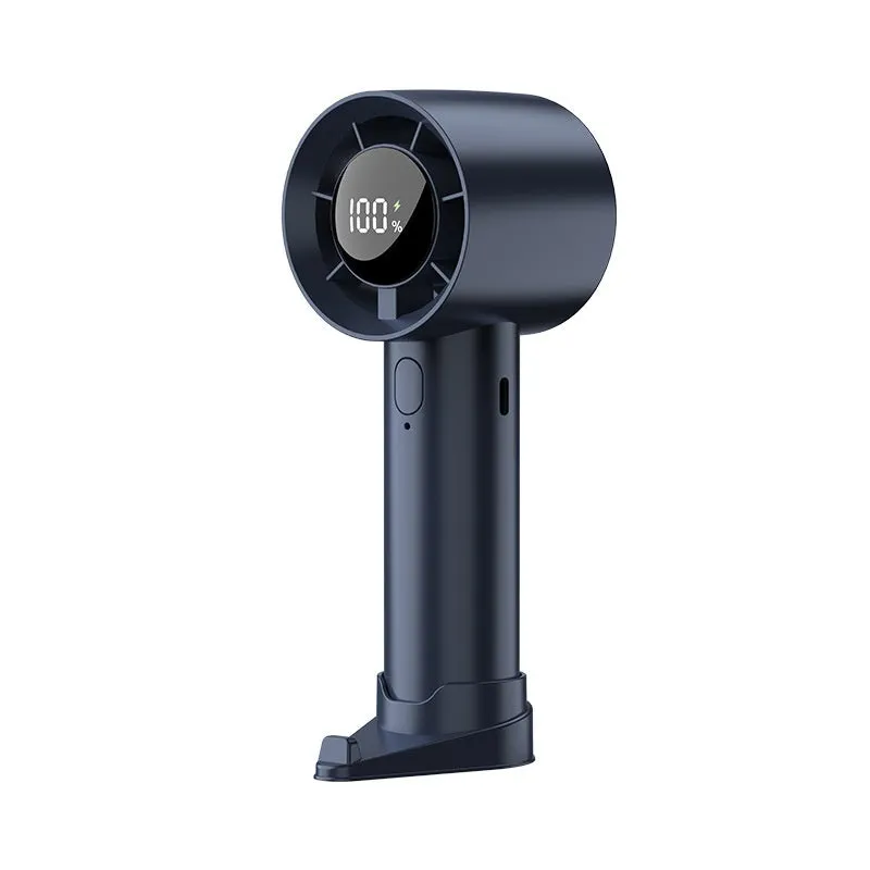 Handheld digital display fan in khaki with six-speed control and USB charging port