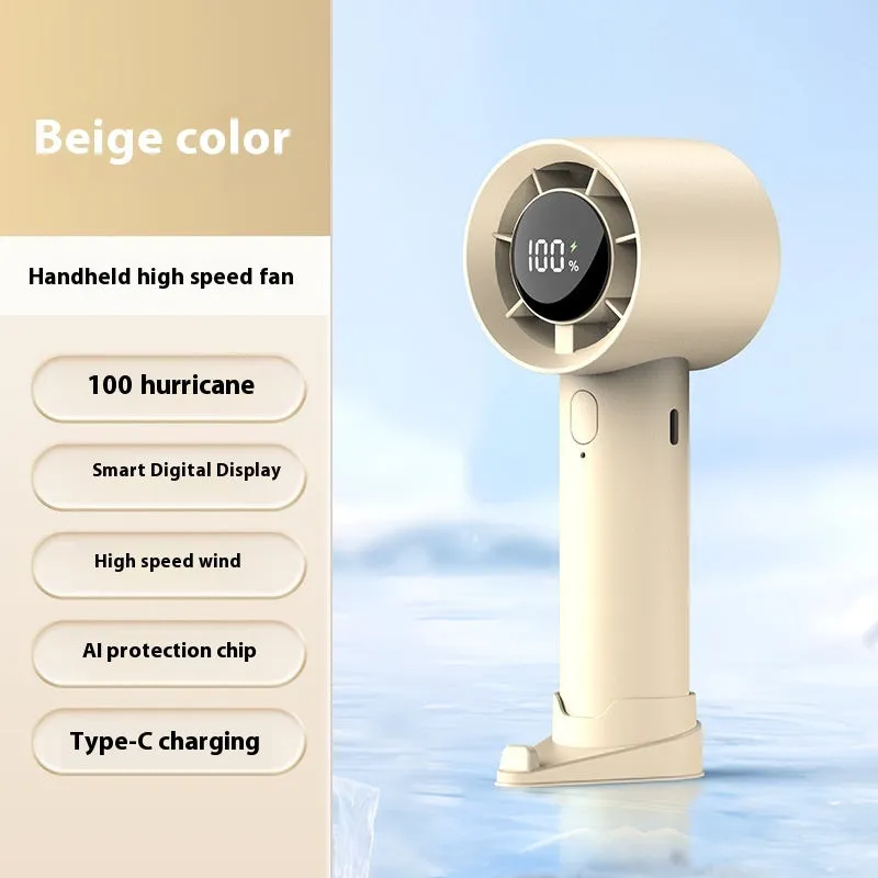 Handheld digital display fan in khaki with six-speed control and USB charging port
