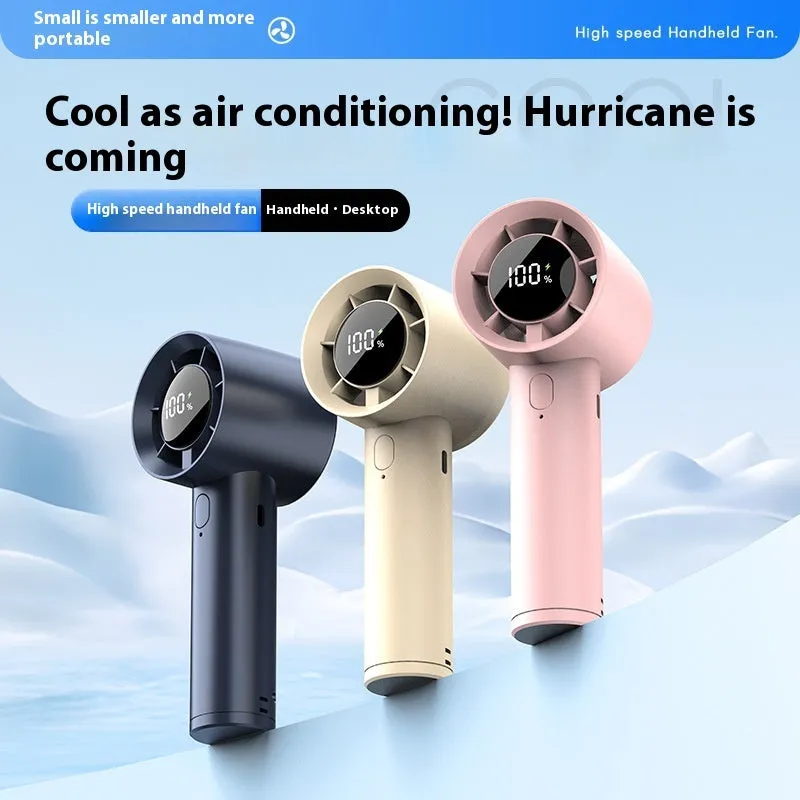 Handheld digital display fan in khaki with six-speed control and USB charging port