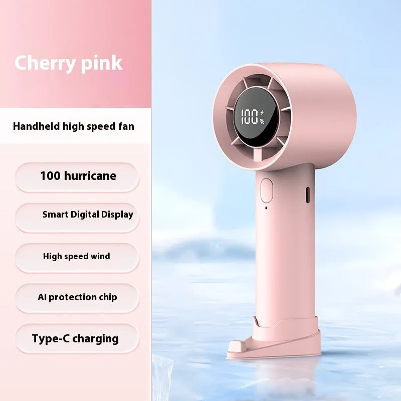 Handheld digital display fan in khaki with six-speed control and USB charging port