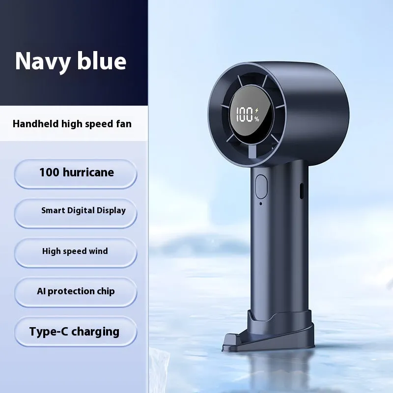 Handheld digital display fan in khaki with six-speed control and USB charging port
