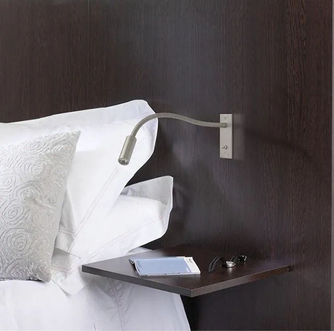 Embedded aluminium wall lamp in sand nickel finish for bedside use with warm LED light