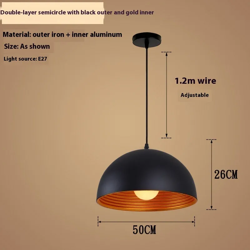 Industrial style chandelier double-layer semicircle outer black inner gold pendant light for office