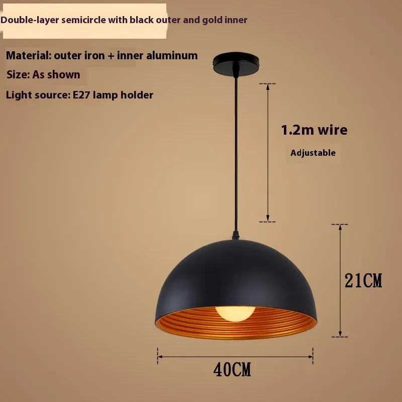 Industrial style chandelier double-layer semicircle outer black inner gold pendant light for office