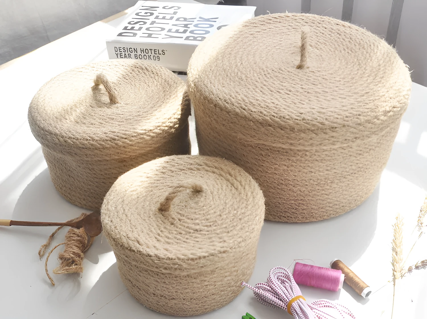 Japanese style linen fabric storage basket with cover in three sizes for bedroom organisation