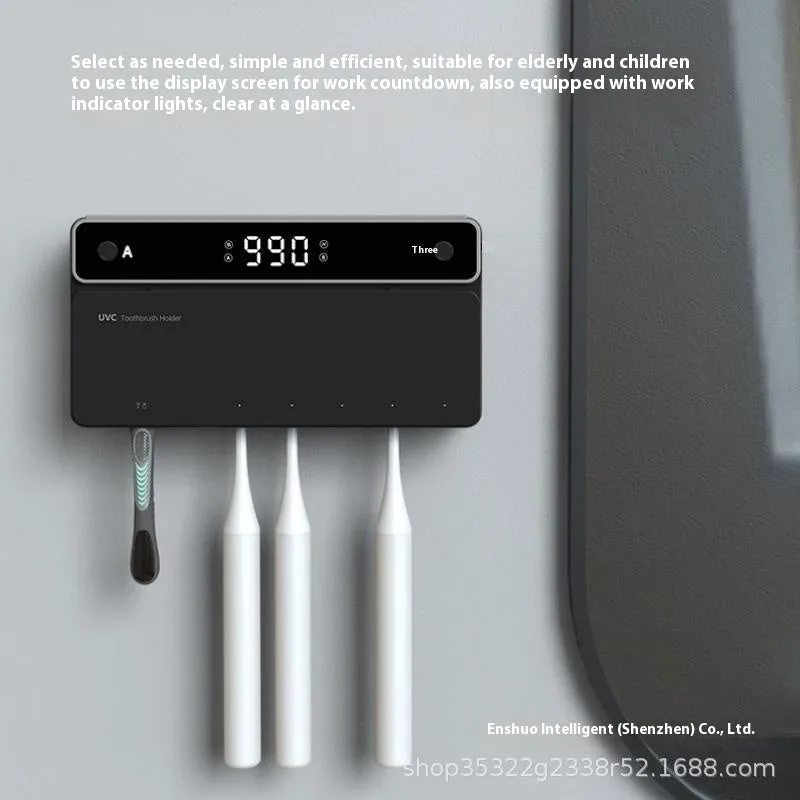Black toothbrush sterilizer mounted on bathroom wall with UV disinfection and automatic drying