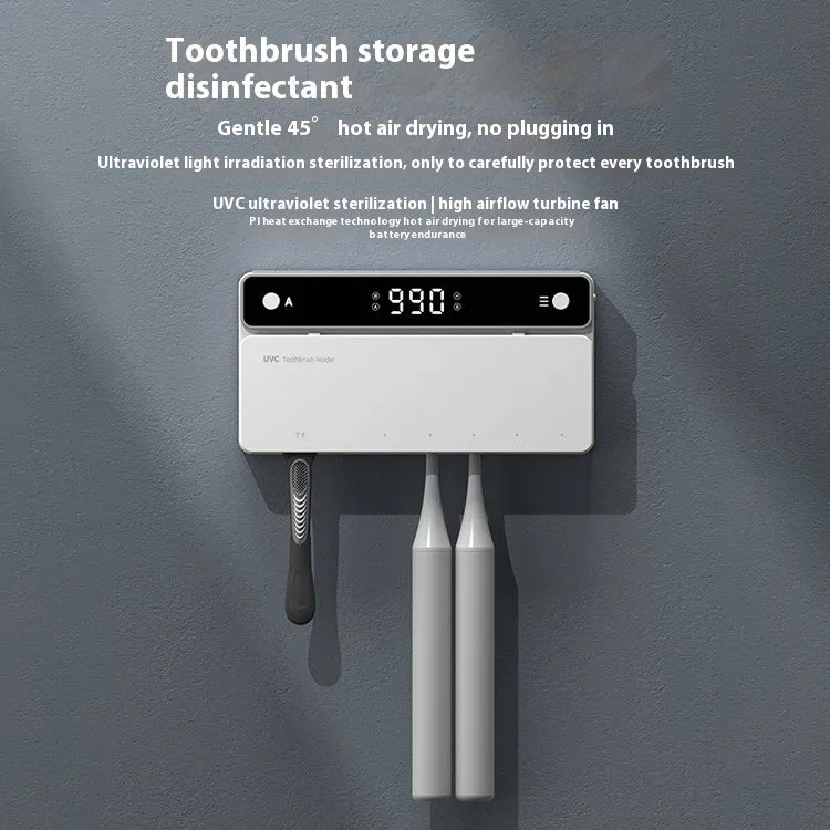 Black toothbrush sterilizer mounted on bathroom wall with UV disinfection and automatic drying