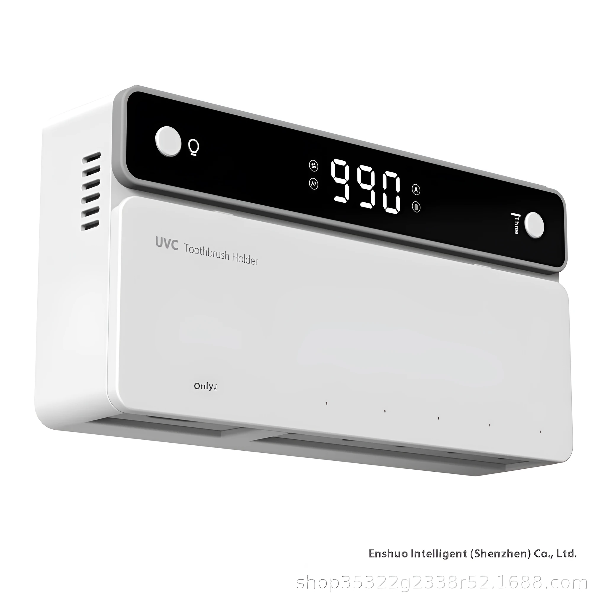 Black toothbrush sterilizer mounted on bathroom wall with UV disinfection and automatic drying