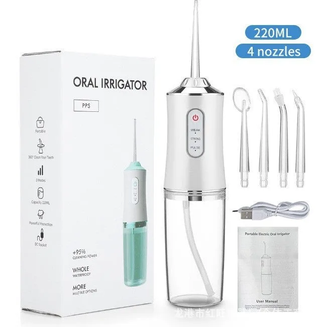 Pink electric water flosser with 300ml tank, multiple nozzles, and IPX7 waterproof design
