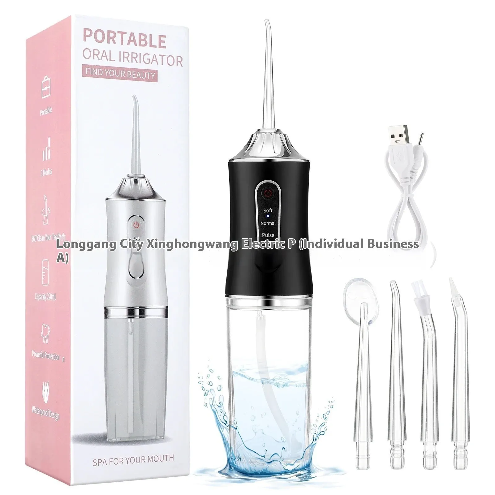 Pink electric water flosser with 300ml tank, multiple nozzles, and IPX7 waterproof design