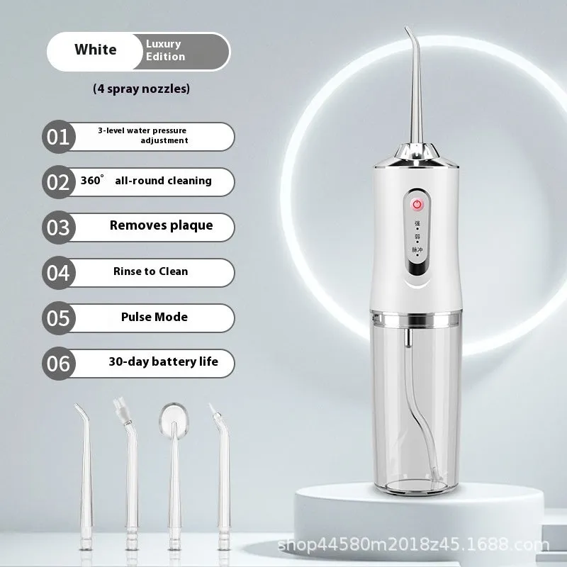 Pink electric water flosser with 300ml tank, multiple nozzles, and IPX7 waterproof design