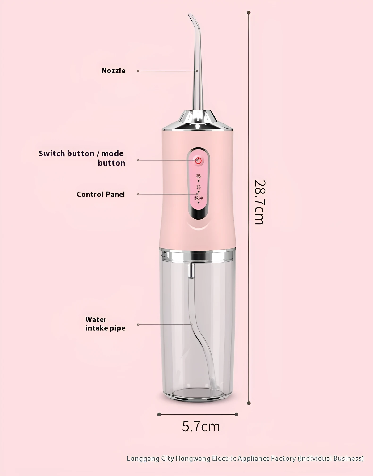 Pink electric water flosser with 300ml tank, multiple nozzles, and IPX7 waterproof design