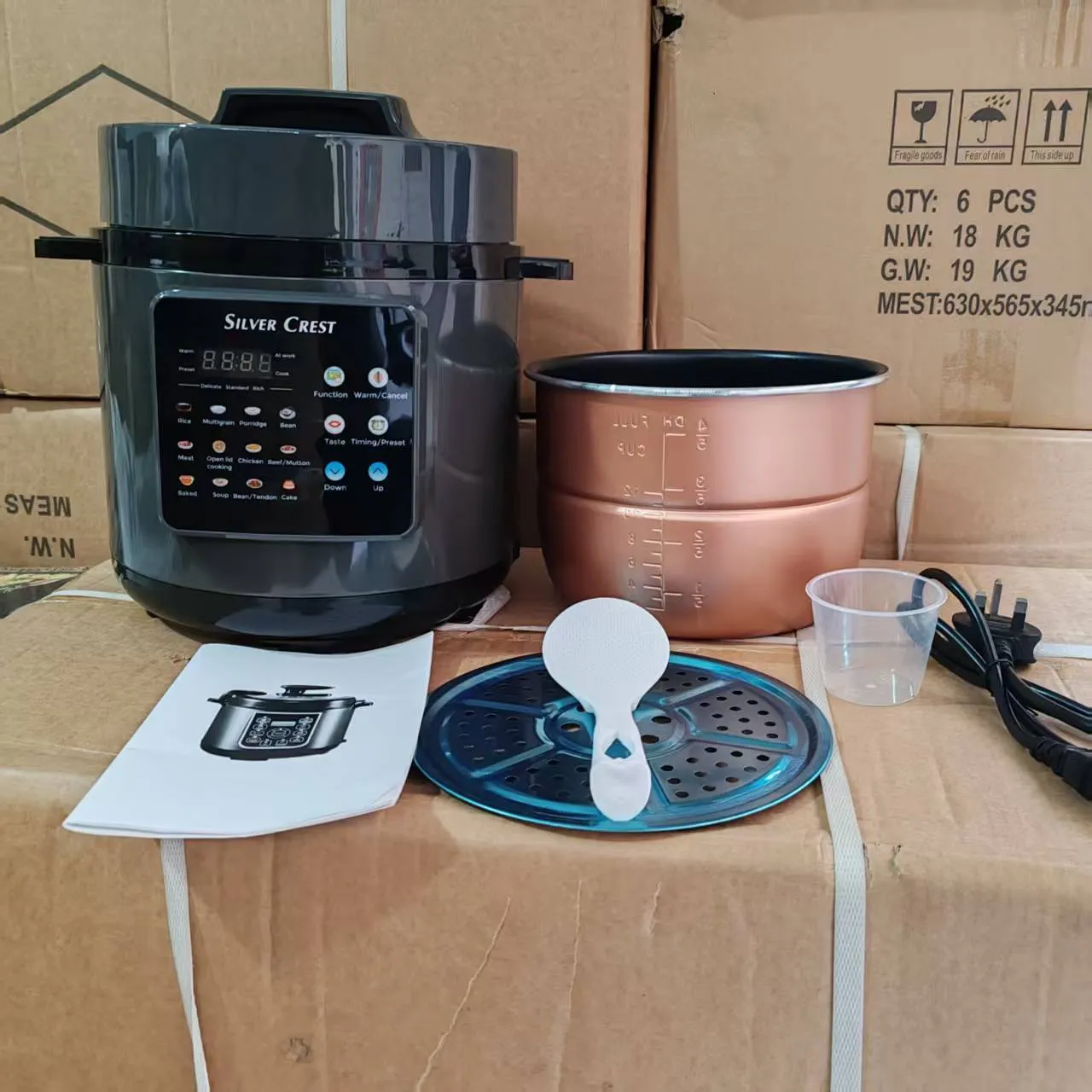 6L multifunctional automatic electric pressure cooker with touch buttons, LCD display, and aluminium core lining