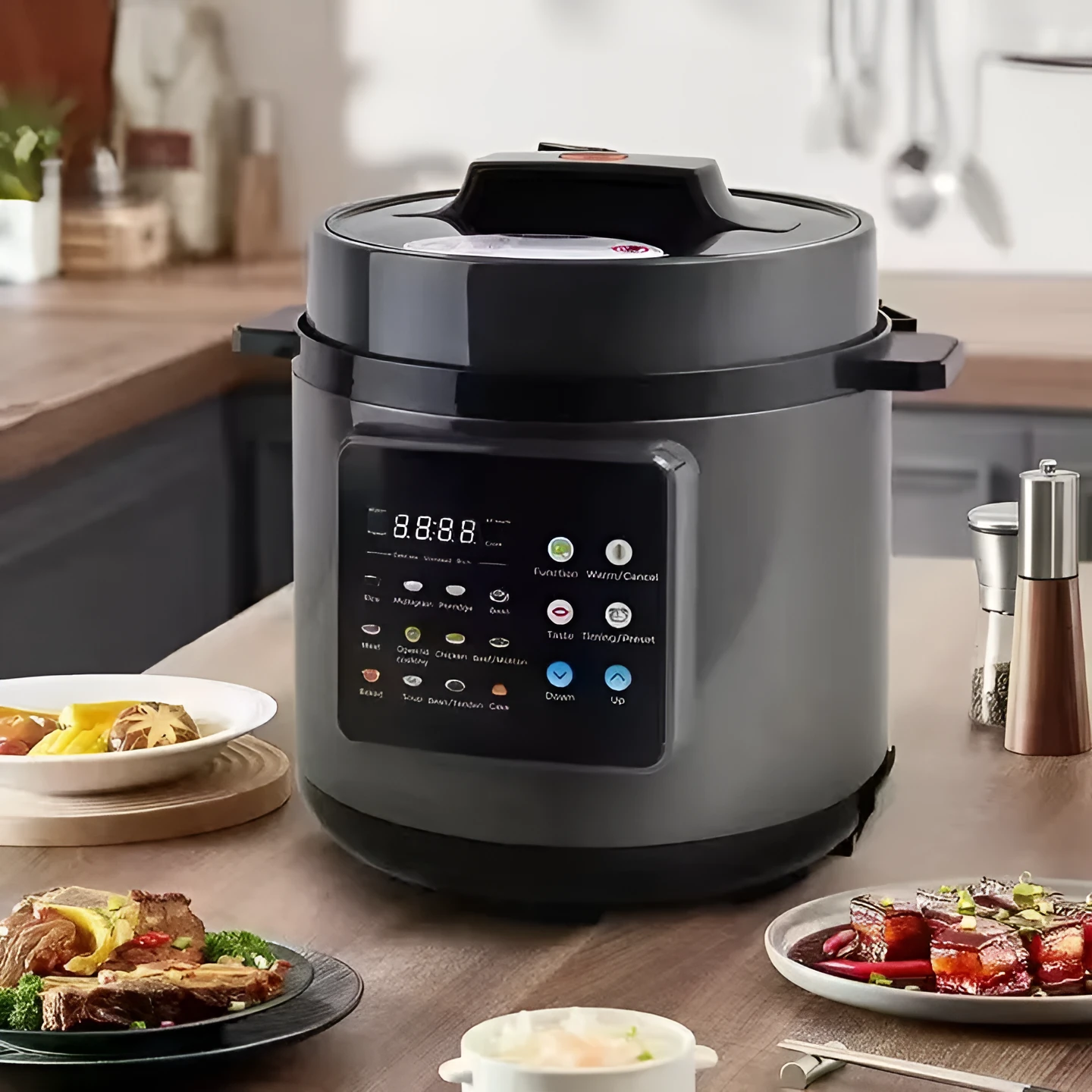 6L multifunctional automatic electric pressure cooker with touch buttons, LCD display, and aluminium core lining