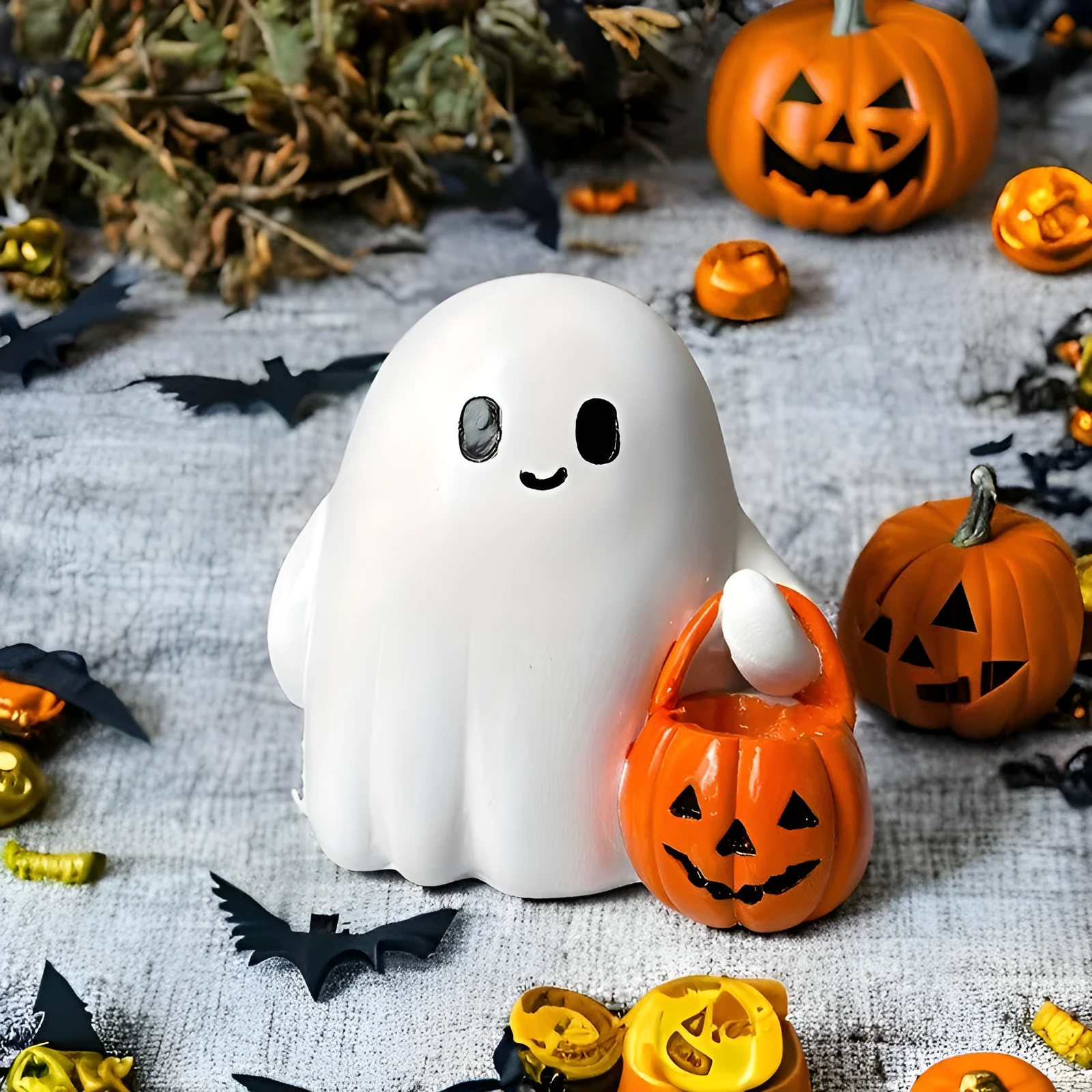 Cute ghost pumpkin desktop ornament made from resin and plastic, non-luminous version