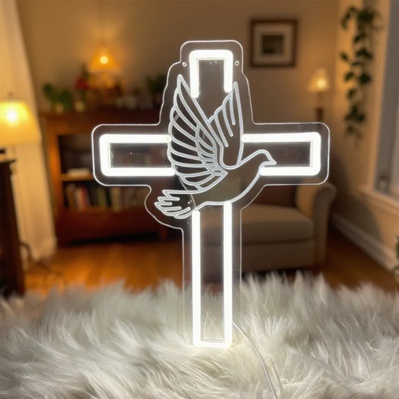 Acrylic LED neon light plate with peace dove cross design emitting white light on a dark background
